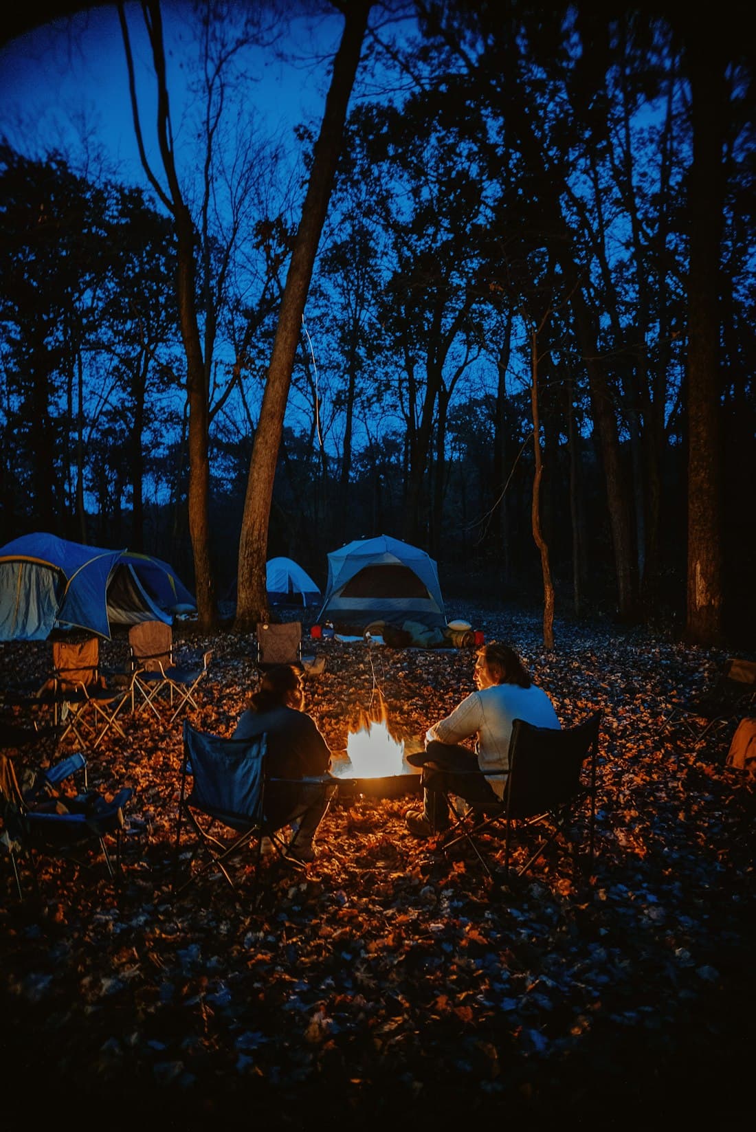 Friends relaxing around a campfire at a forest campsite at dusk