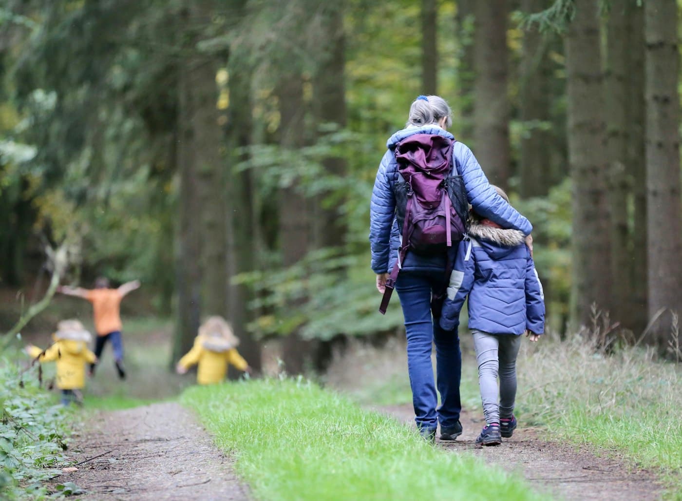 A family hiking a forest trail with the kids running ahead