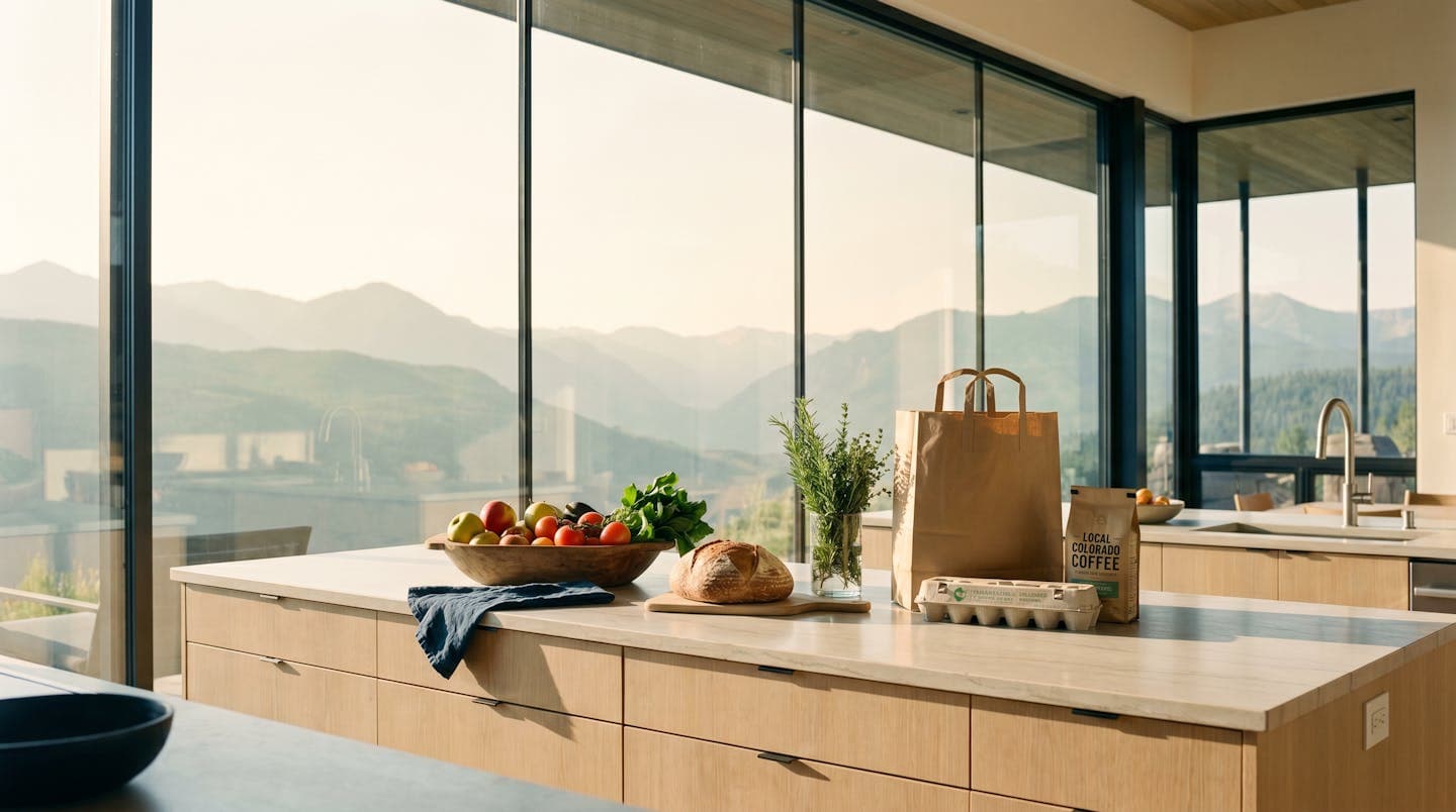 Fresh groceries and local Colorado coffee on the counter of a mountain-view kitchen in Pagosa Springs