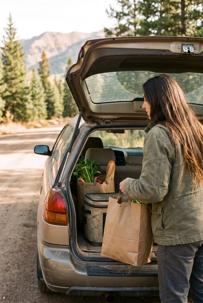 Paper grocery bags being loaded into the back of a wagon on a mountain road