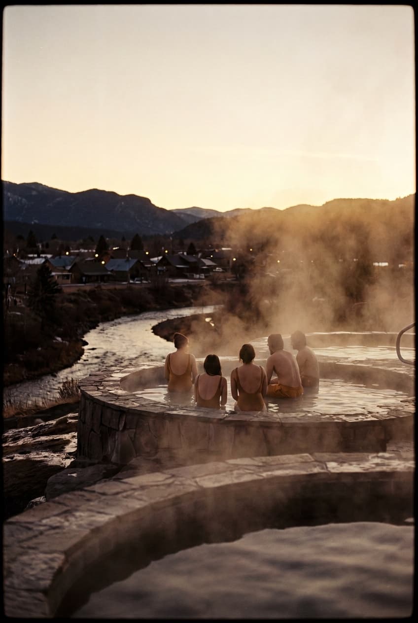 People sitting in the terraced hot spring pools above the San Juan River at dusk