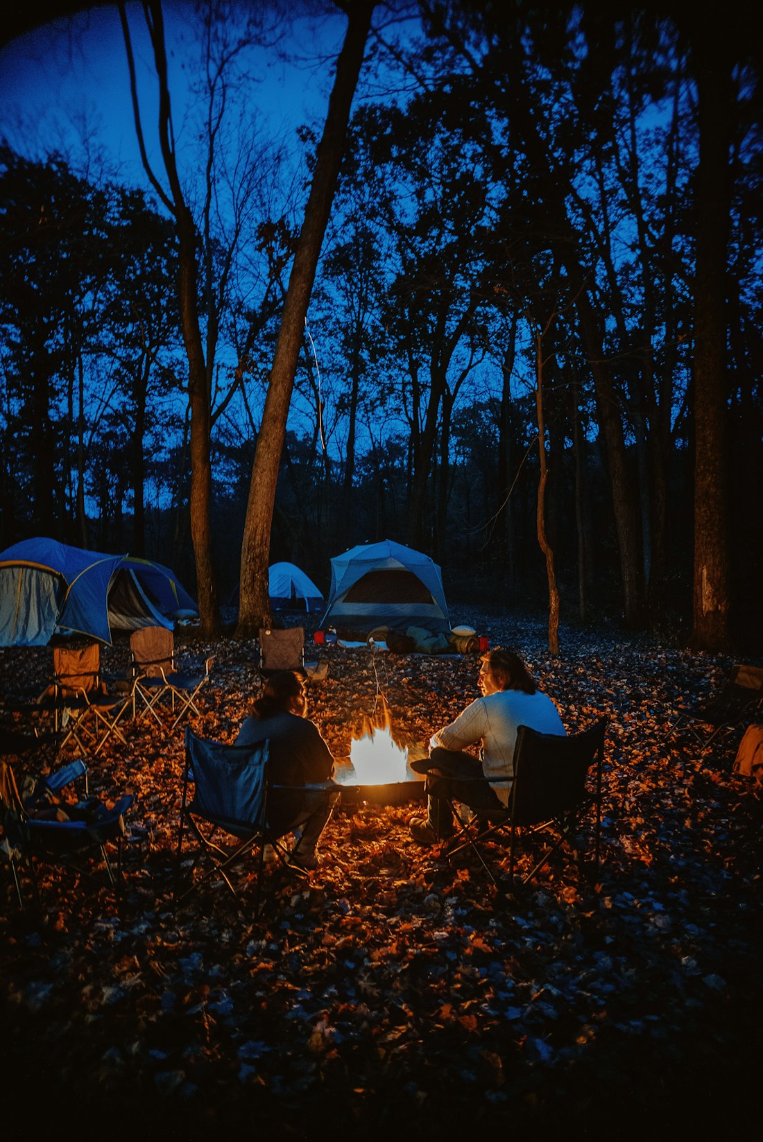 Friends relaxing around a campfire at a forest campsite at dusk